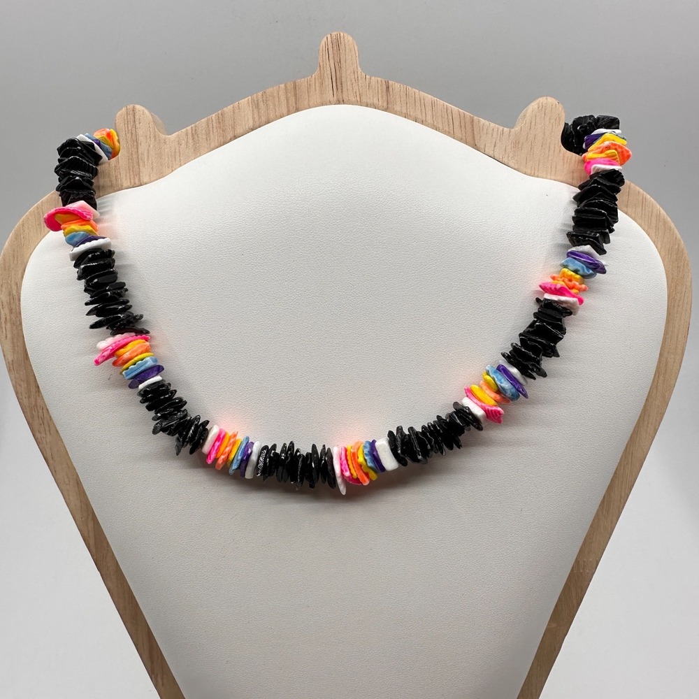 Black Shell Chip Necklace Multicolor Beads Boho Surfer Y2K Statement Jewelry